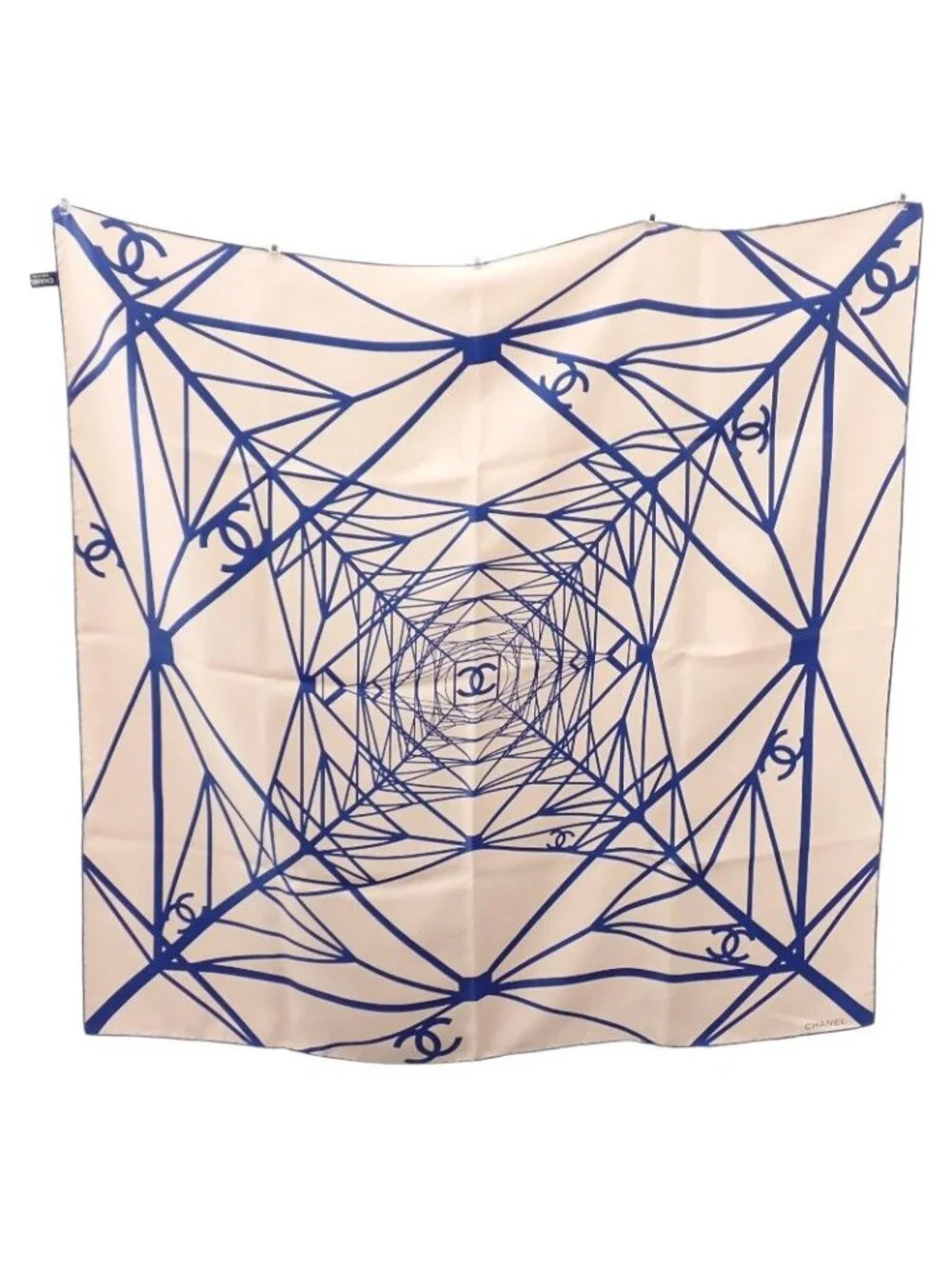 Chanel CC Logo Geometric Scarf Silk Beige Blue Included